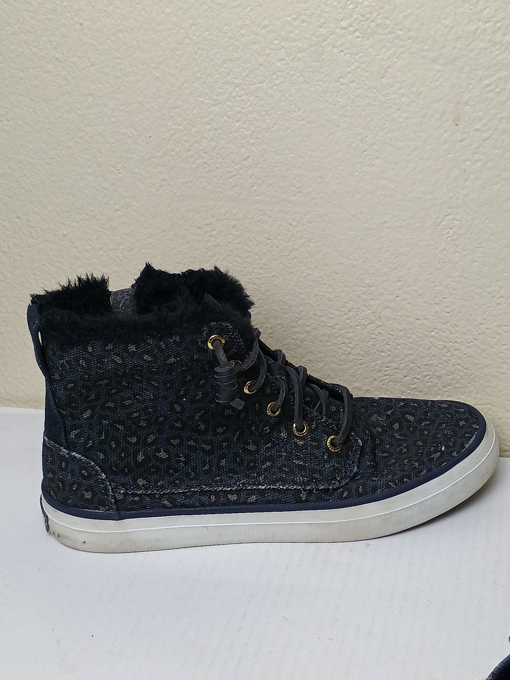 Sperry Top-Sider Crest 8.5M Blue Gold Leopard-Print Faux Fur High-Top Sneakers - Picture 7 of 14